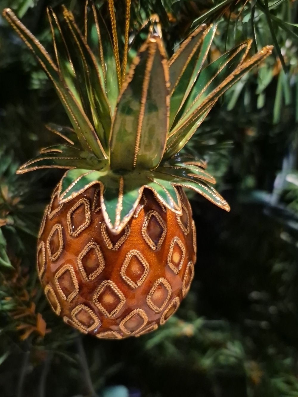 Gold and Green Enameled Pineapple Holiday Ornament - Elegant Tree Accent